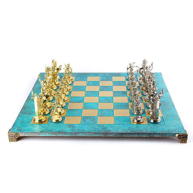 Шахматный набор в стиле греческой мифологии бирюзовая шахматная доска 54 см.
