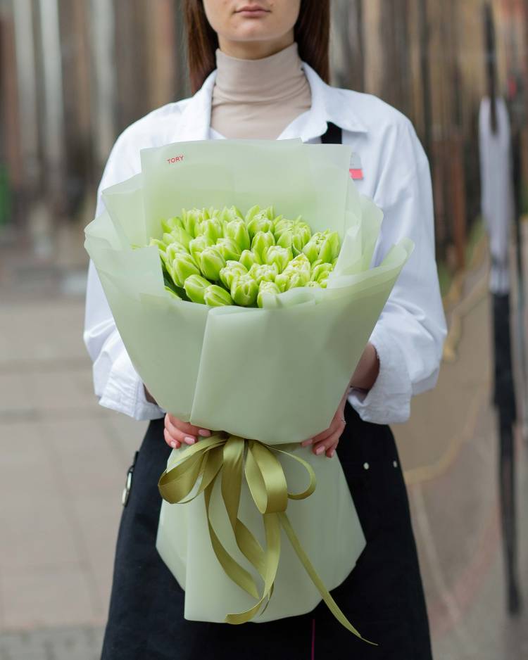 Букет 25 бело-зеленых тюльпанов