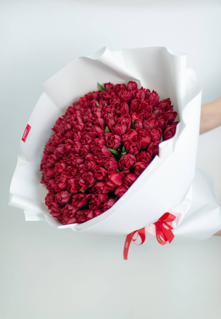 Букет 201 червоний піоновидний тюльпан