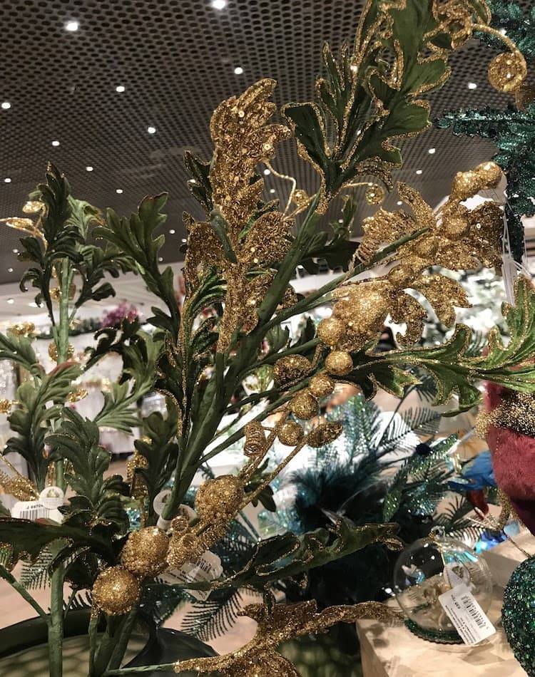 Новогоднее украшение Стебель с листьями аканта в блёстках, тканевый, зеленый/золото, 89 см