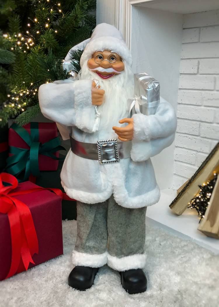 Новорічна фігурка Санта білий з подарунком, 20 LED, 60 см