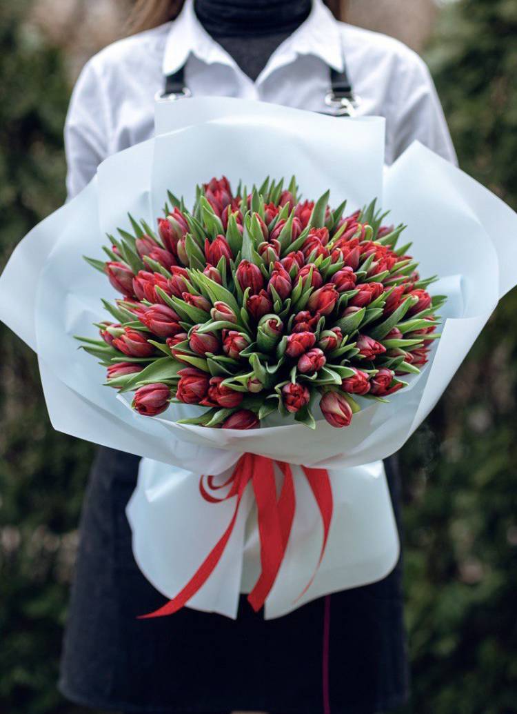 Букет 101 червоний піоновидний тюльпан