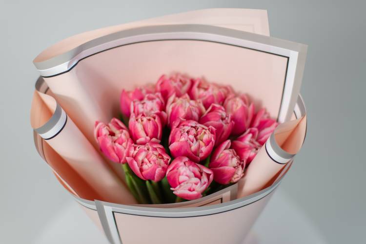 Букет 15 рожевих тюльпанів.